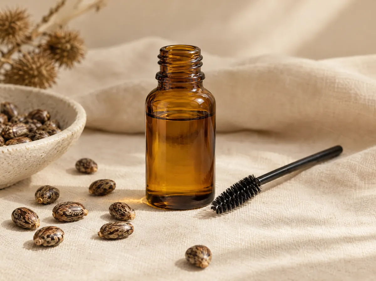 Amber bottle of castor oil beside a lash brush