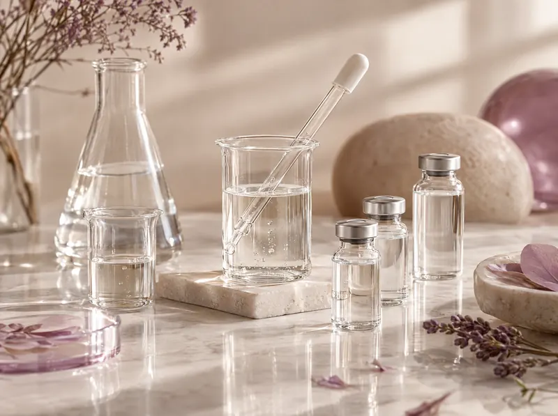 Glass beakers and a pipette in a cosmetic lab