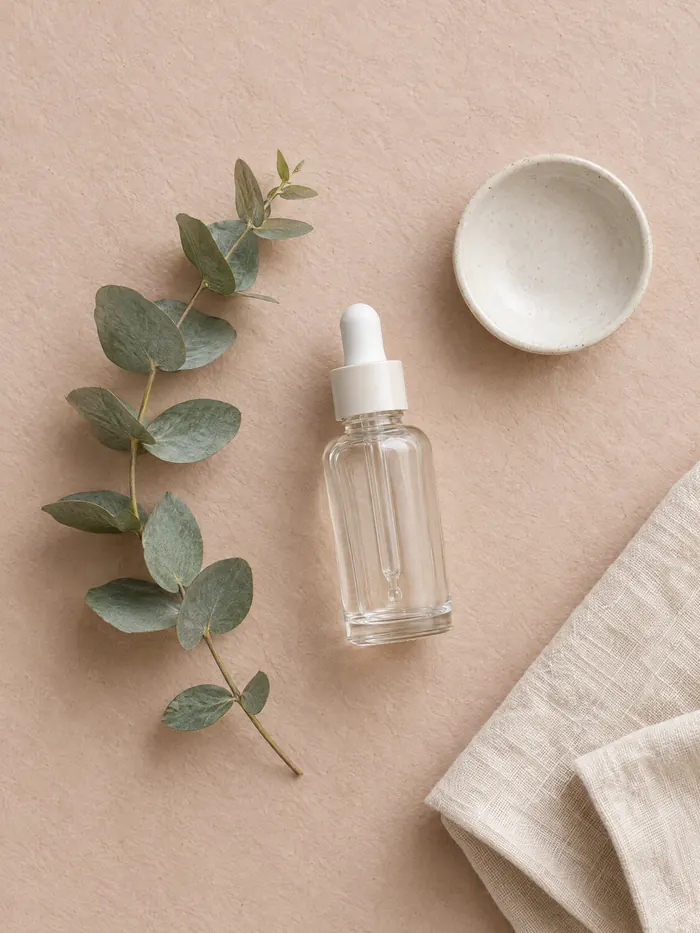 Minimal flat lay with an unlabeled dropper bottle and eucalyptus