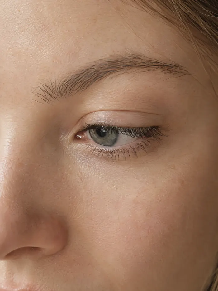Close-up of a bare eye with natural lashes in soft light