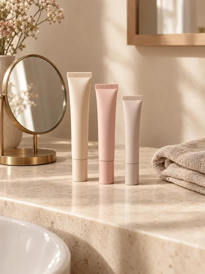Unbranded lash serum tubes on a bathroom vanity