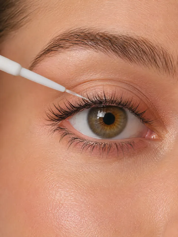 Fine lash serum applicator held at the upper lash line